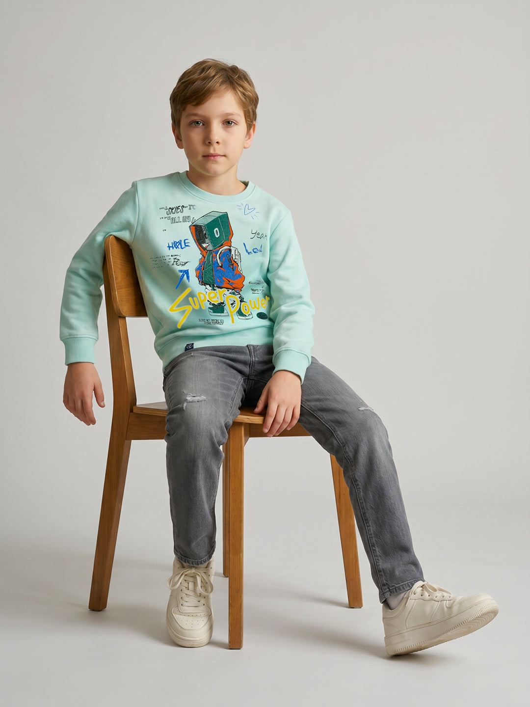 Boys Blue Printed Round Neck Full Sleeve Sweatshirt