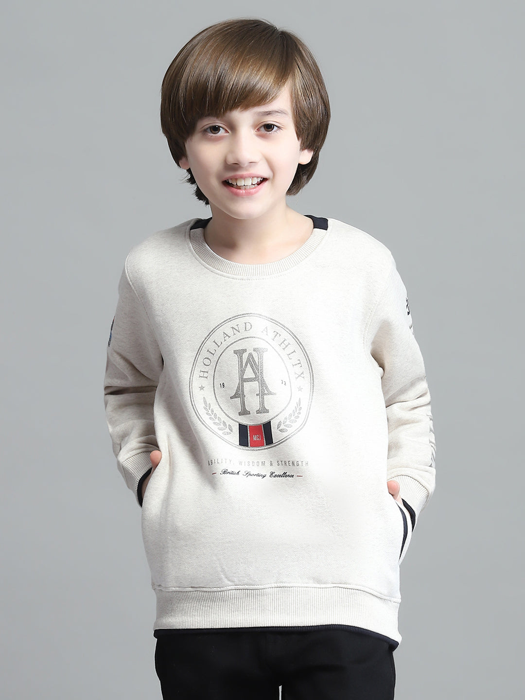 Boys Beige Printed Round Neck Full Sleeve Sweatshirt