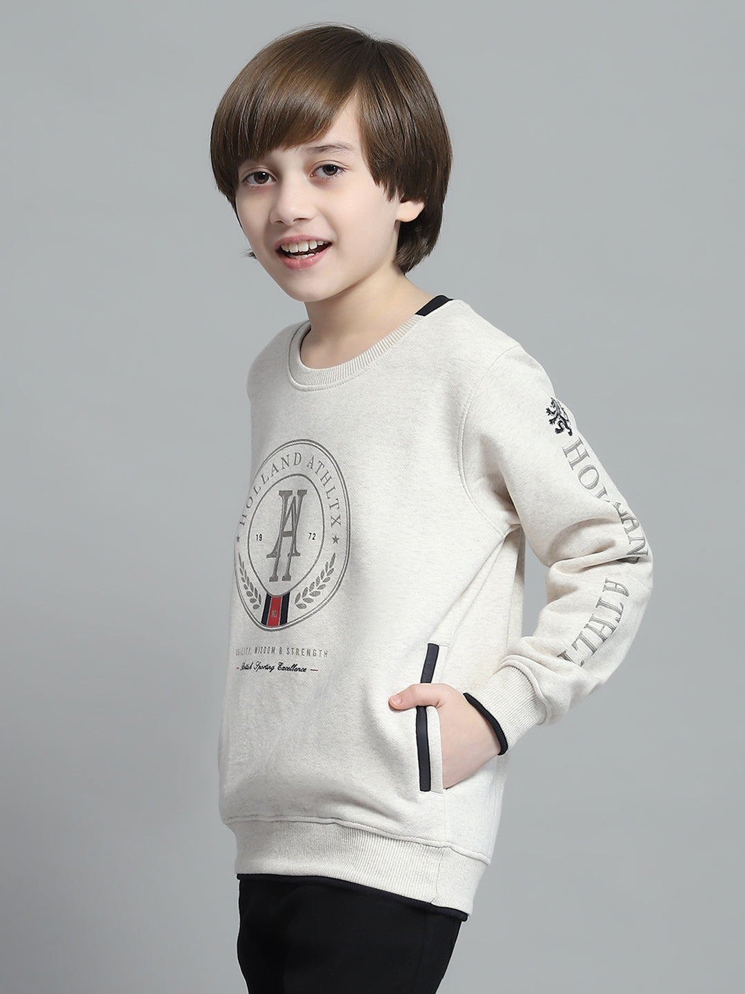 Boys Beige Printed Round Neck Full Sleeve Sweatshirt