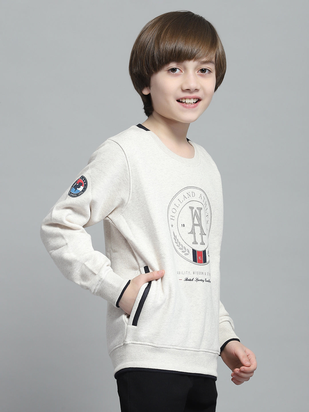 Boys Beige Printed Round Neck Full Sleeve Sweatshirt