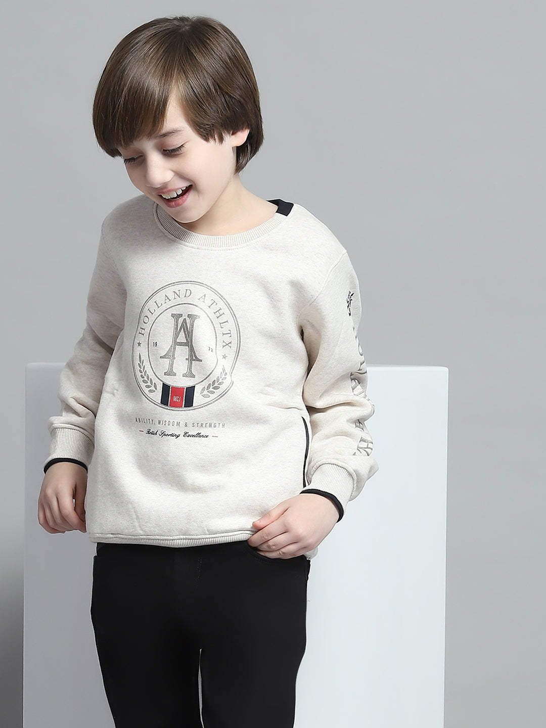Boys Beige Printed Round Neck Full Sleeve Sweatshirt