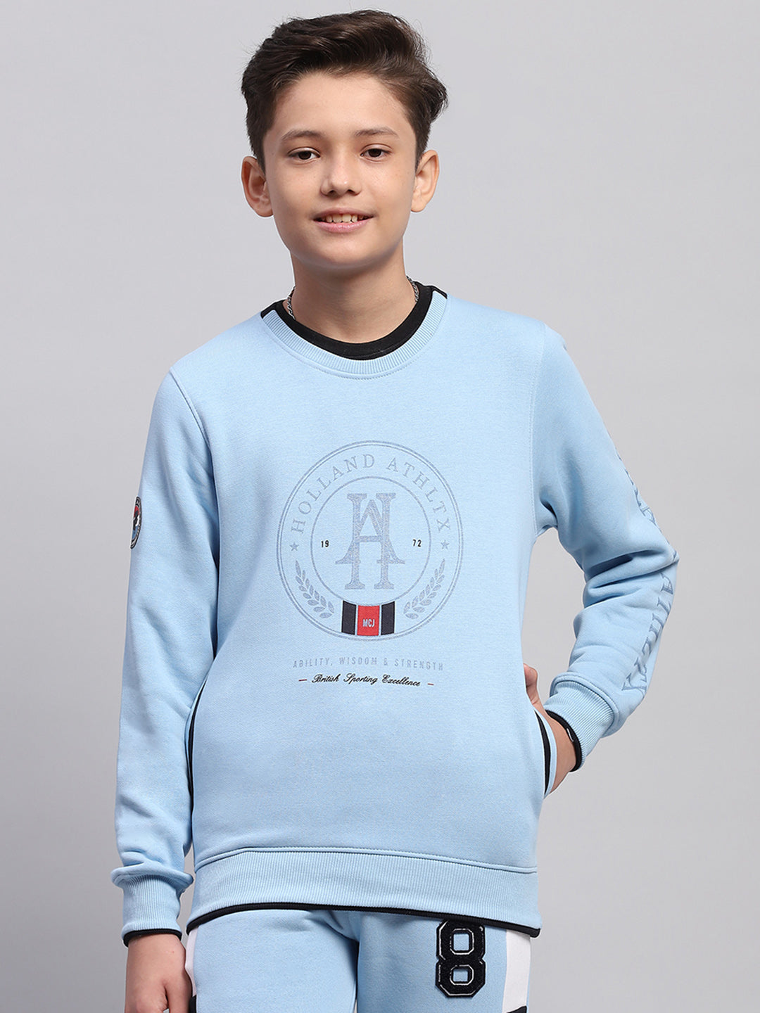 Boys Sky Blue Printed Round Neck Full Sleeve Sweatshirt