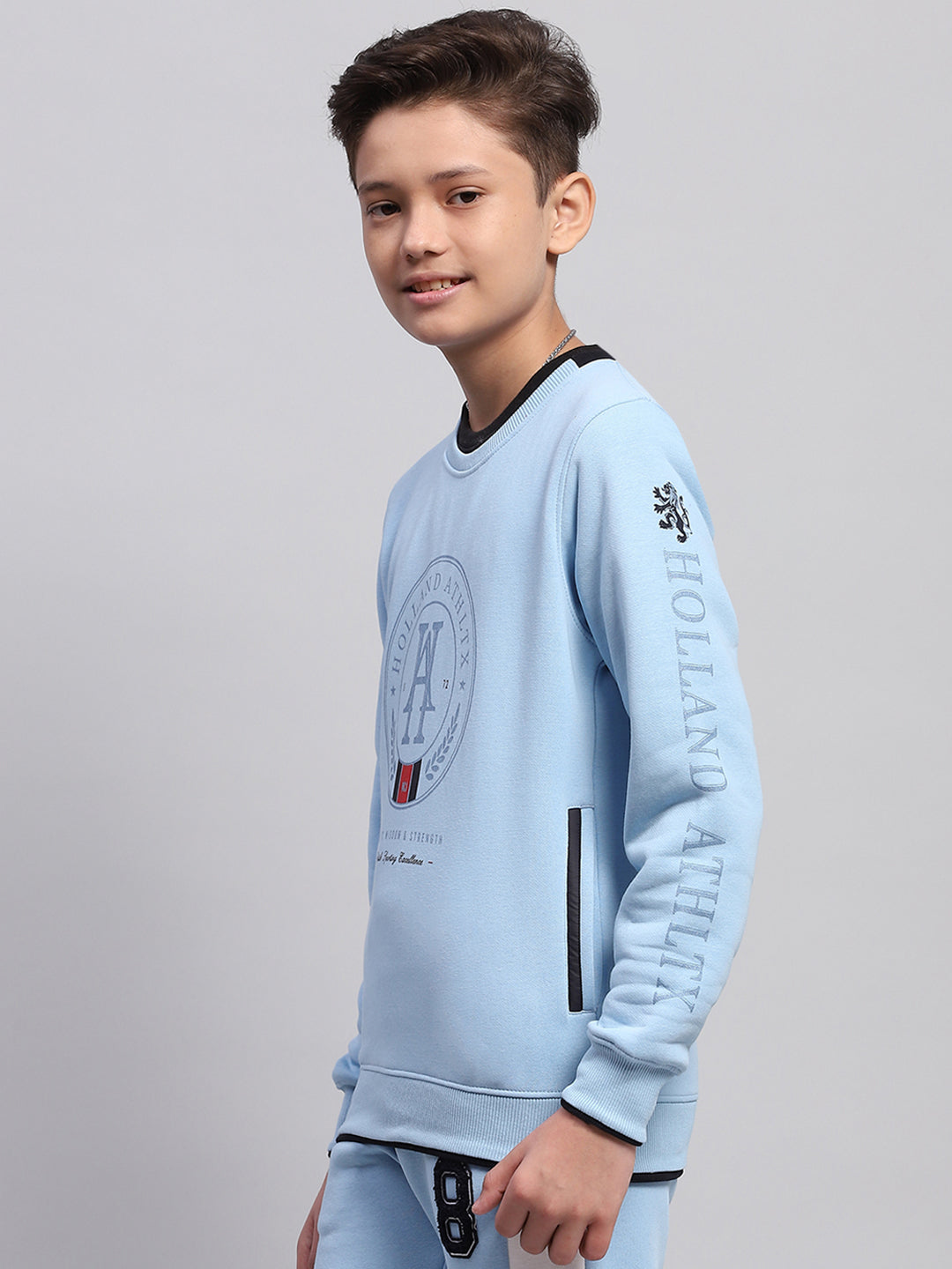 Boys Sky Blue Printed Round Neck Full Sleeve Sweatshirt