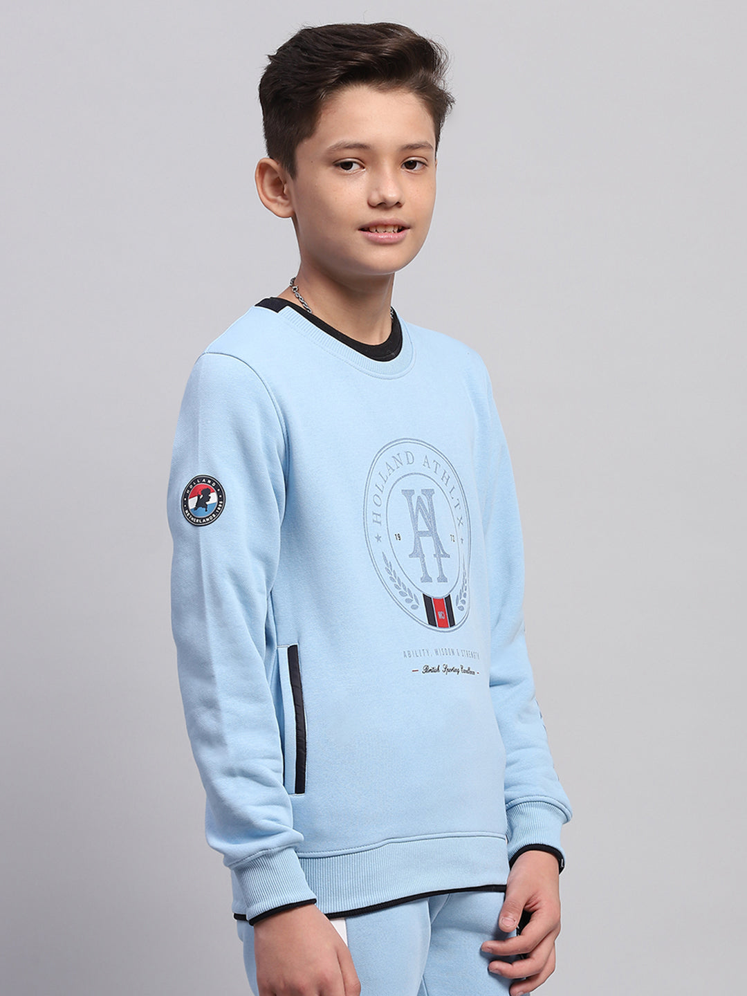 Boys Sky Blue Printed Round Neck Full Sleeve Sweatshirt