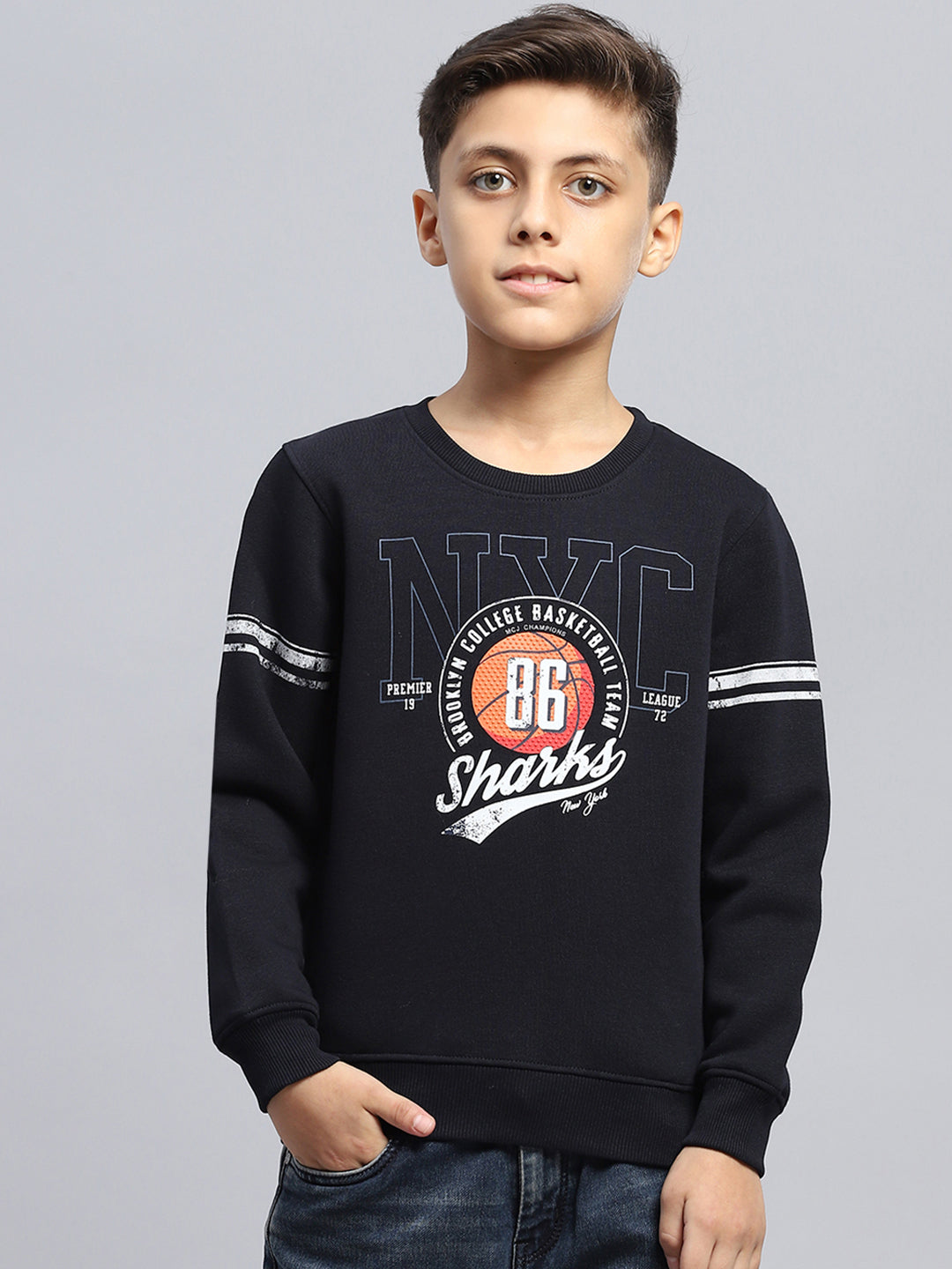 Boys Navy Blue Printed Round Neck Full Sleeve Sweatshirt