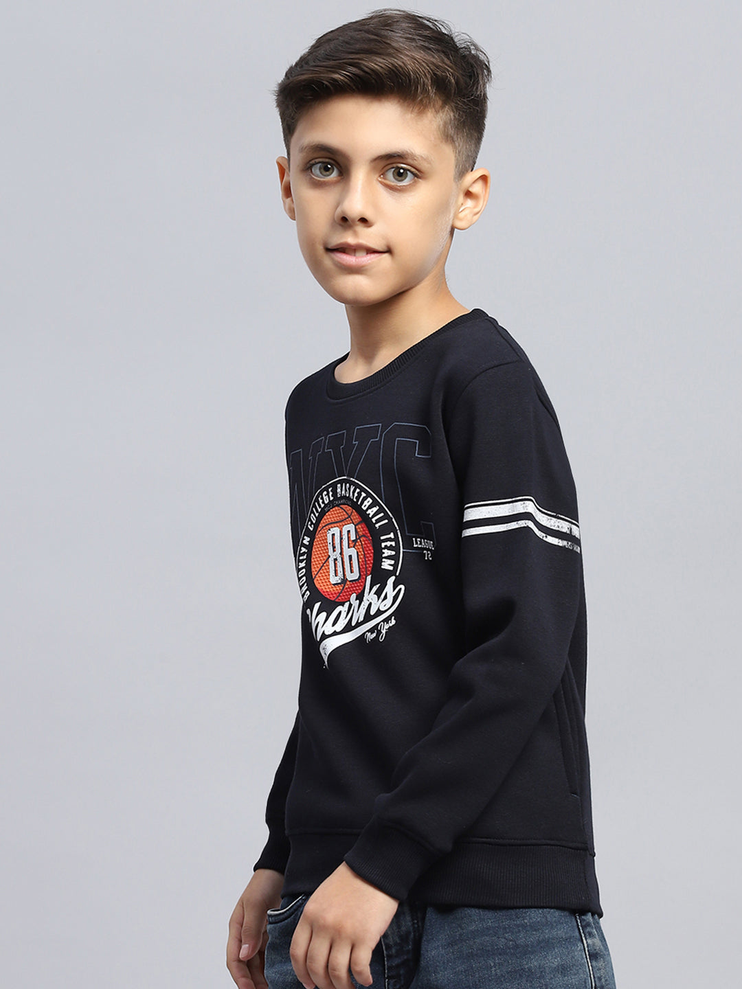 Boys Navy Blue Printed Round Neck Full Sleeve Sweatshirt