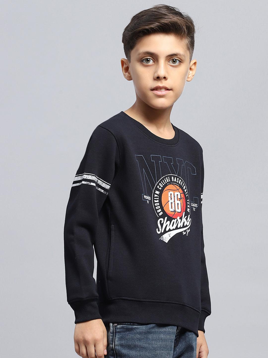 Boys Navy Blue Printed Round Neck Full Sleeve Sweatshirt