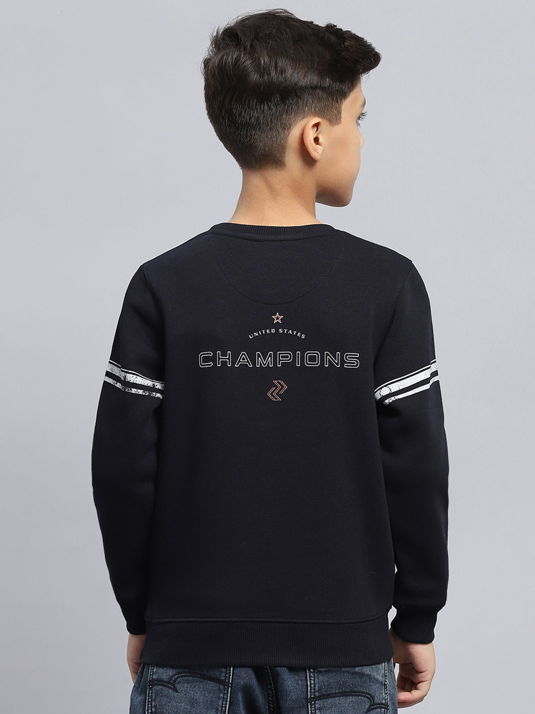 Boys Navy Blue Printed Round Neck Full Sleeve Sweatshirt