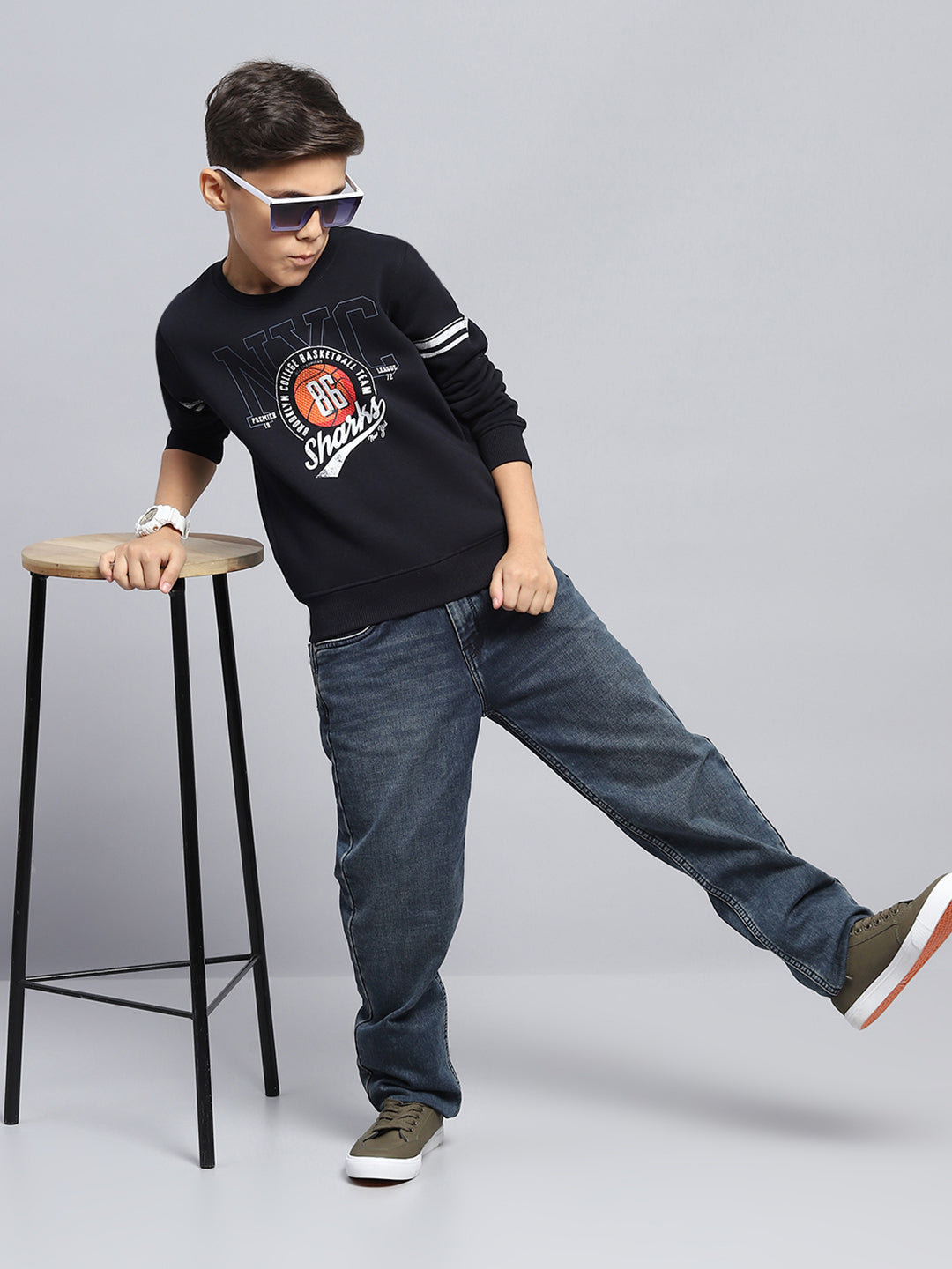 Boys Navy Blue Printed Round Neck Full Sleeve Sweatshirt