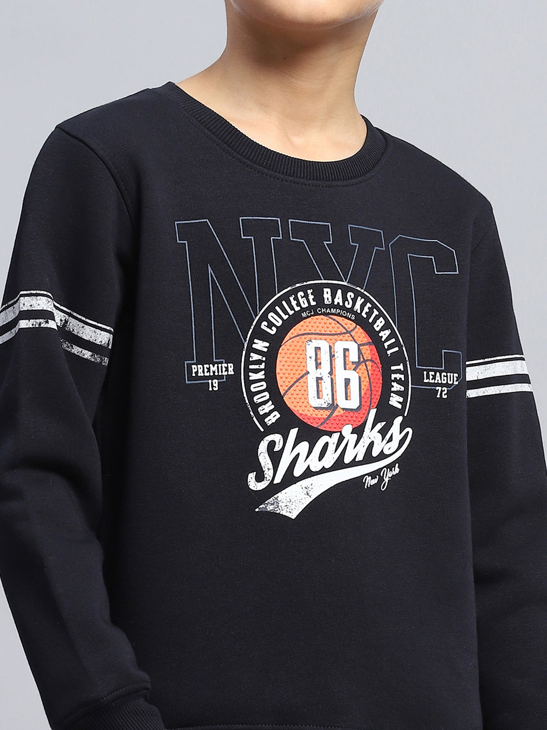 Boys Navy Blue Printed Round Neck Full Sleeve Sweatshirt