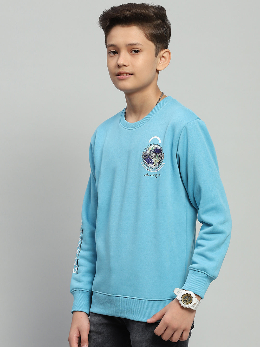 Boys Blue Printed Round Neck Full Sleeve Sweatshirt