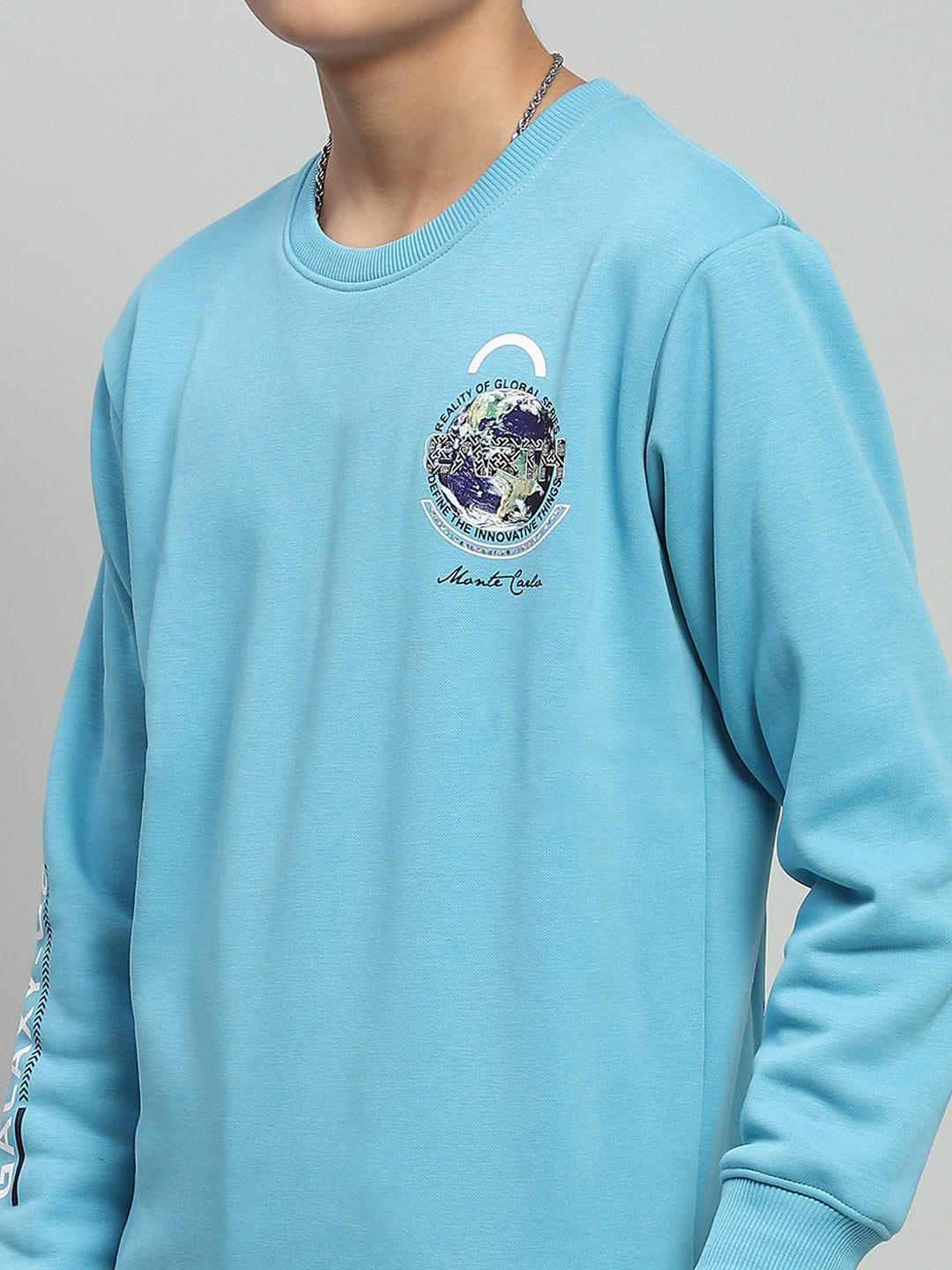 Boys Blue Printed Round Neck Full Sleeve Sweatshirt