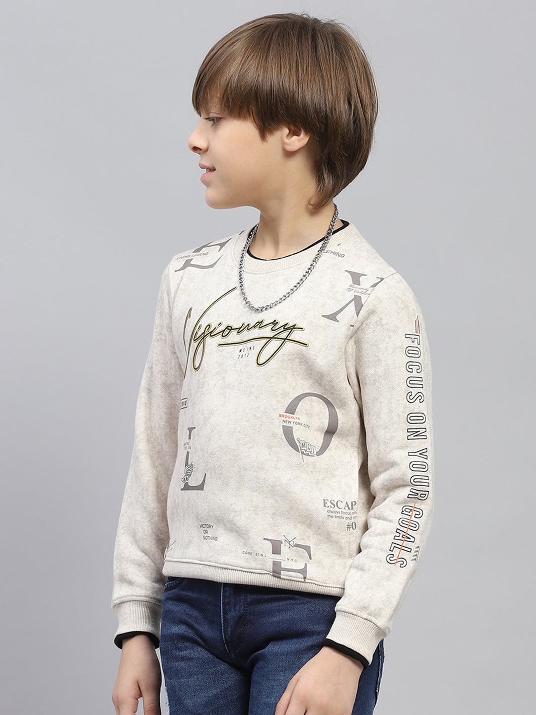 Boys Beige Printed Round Neck Full Sleeve Sweatshirt