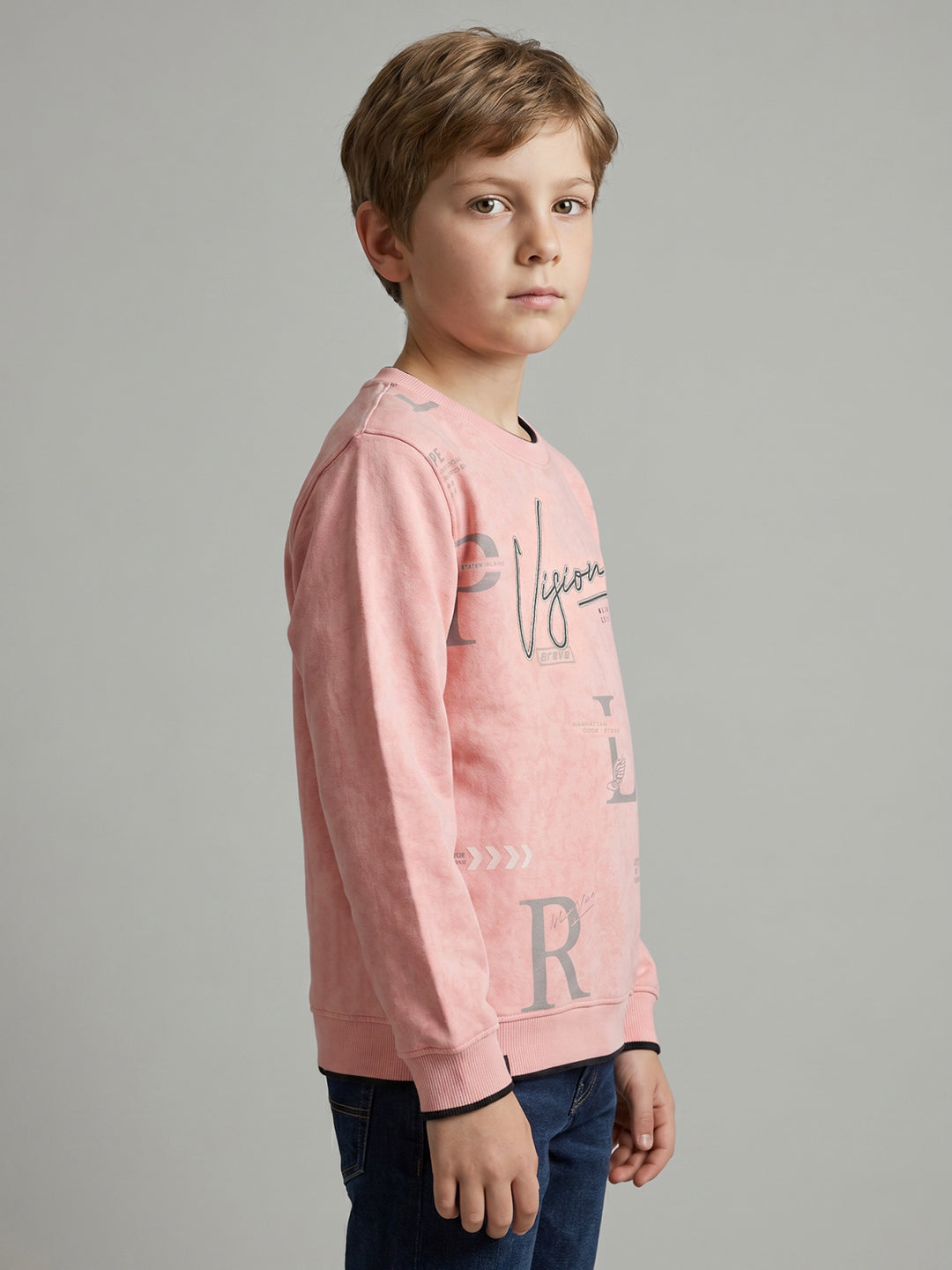 Boys Peach Printed Round Neck Full Sleeve Sweatshirt