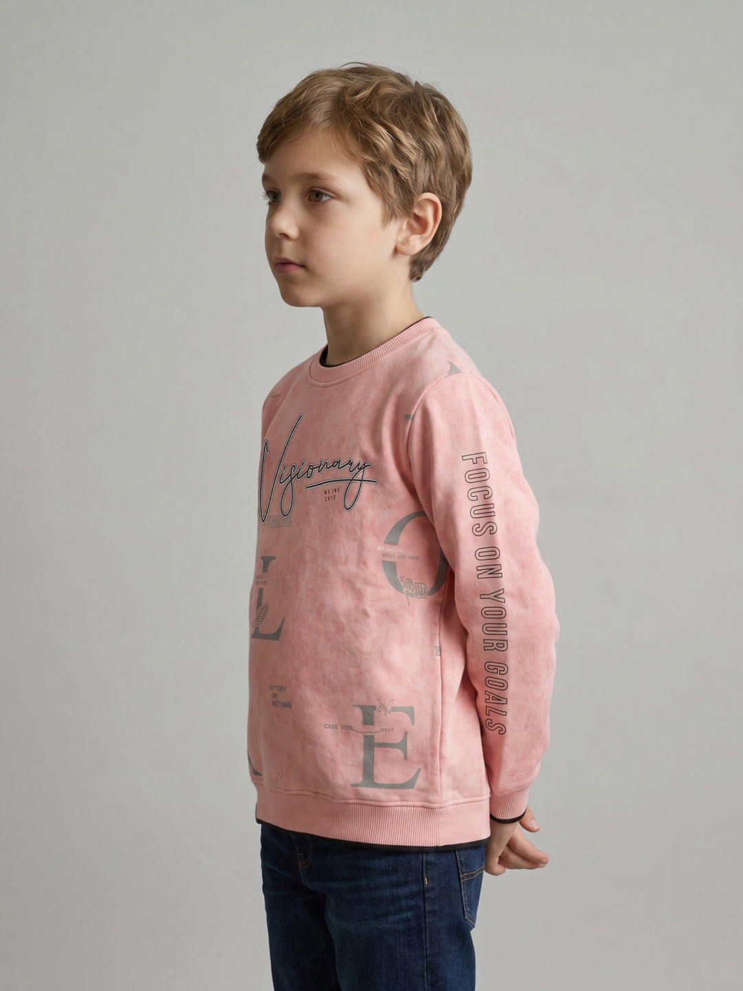 Boys Peach Printed Round Neck Full Sleeve Sweatshirt