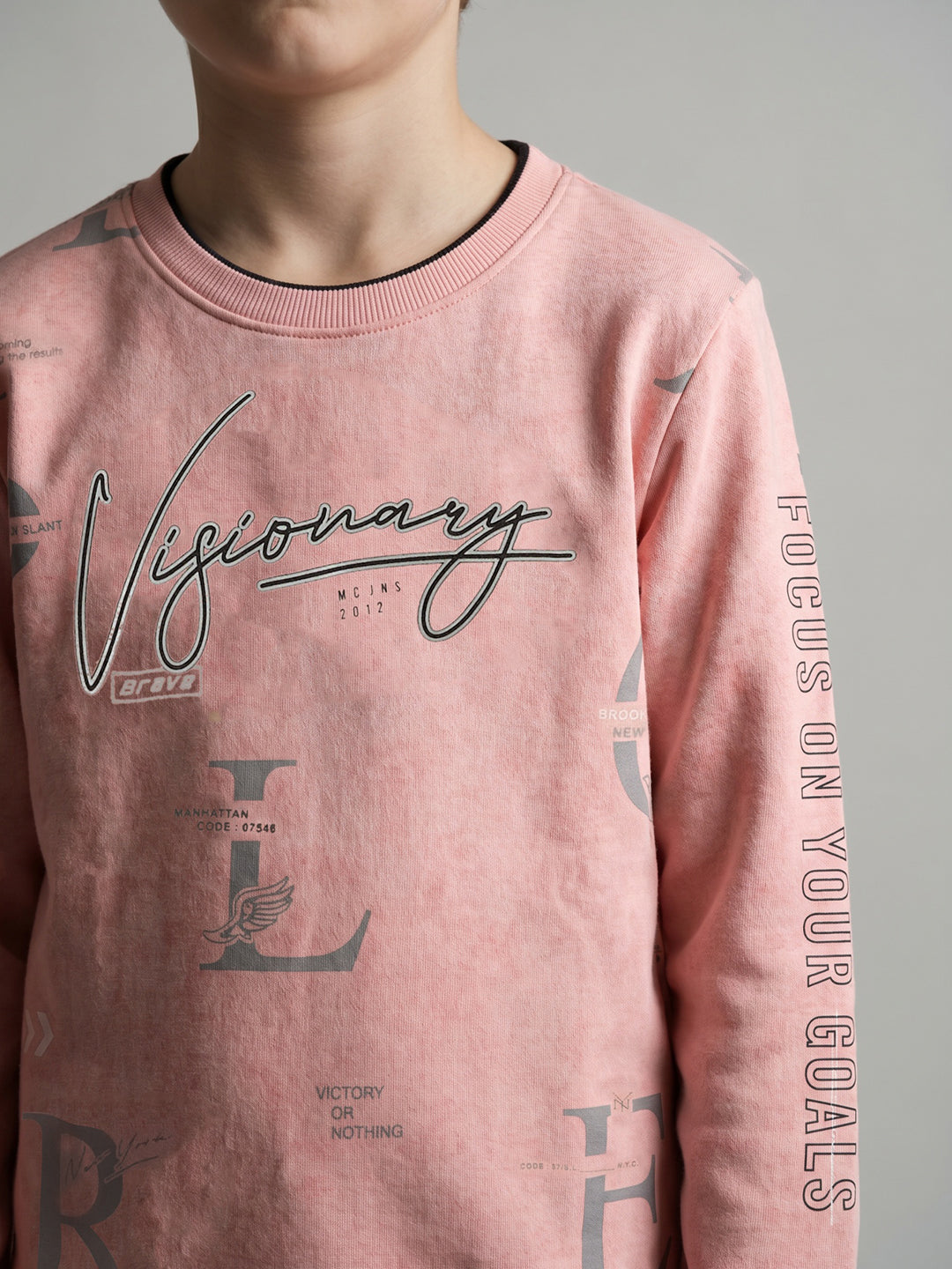 Boys Peach Printed Round Neck Full Sleeve Sweatshirt