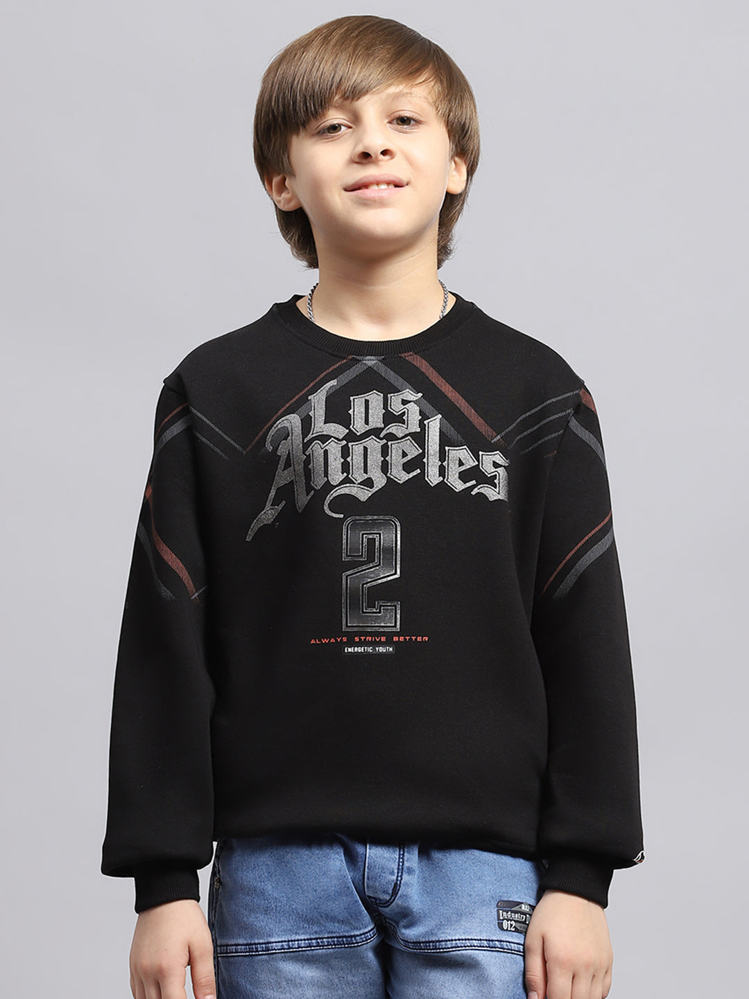 Boys Black Printed Round Neck Full Sleeve Sweatshirt