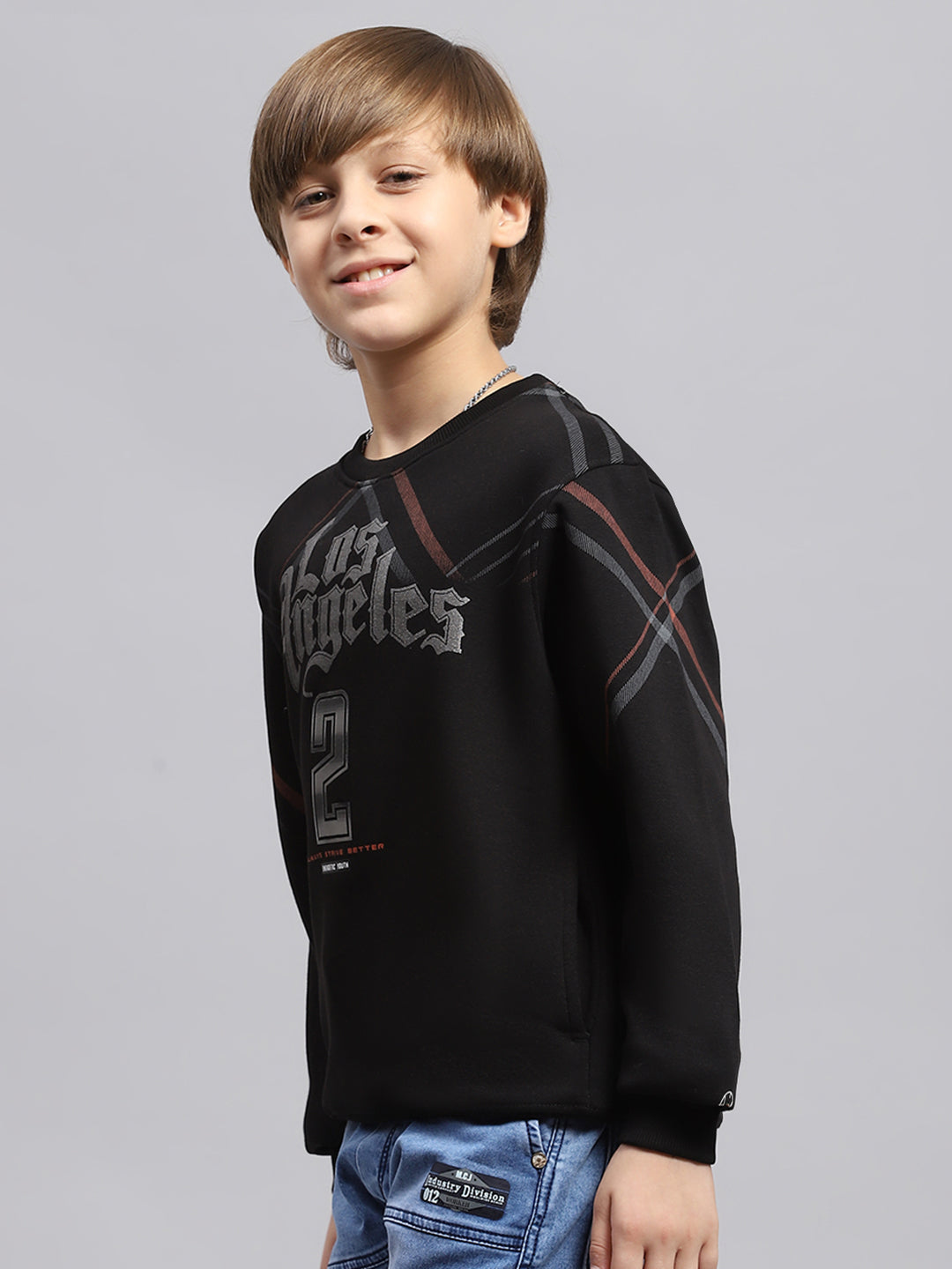 Boys Black Printed Round Neck Full Sleeve Sweatshirt