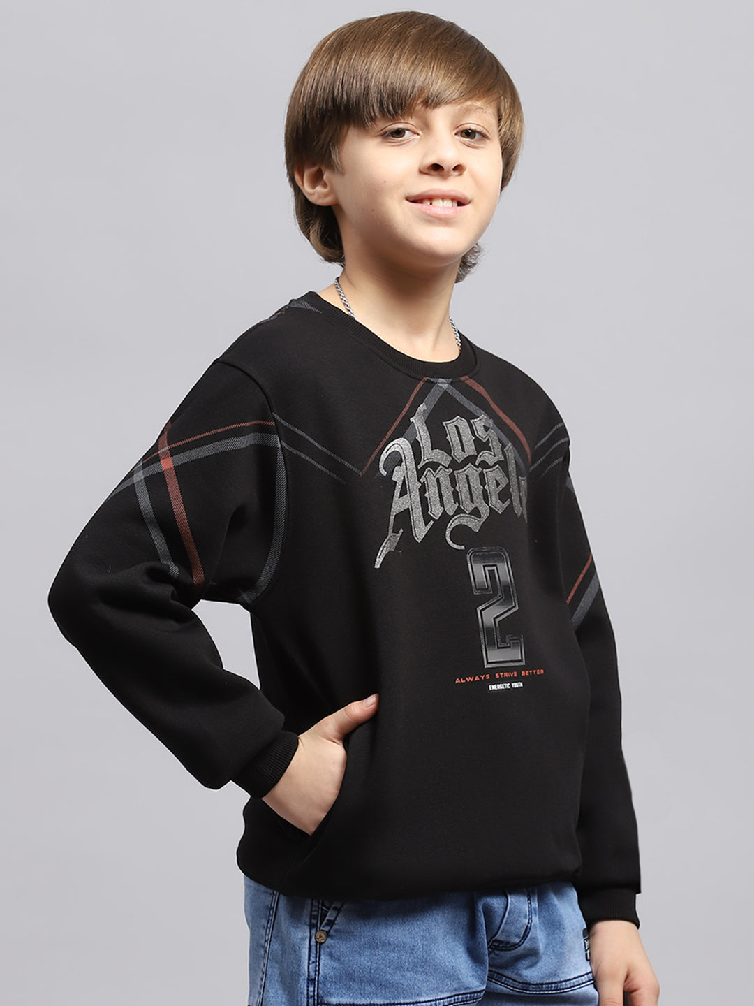 Boys Black Printed Round Neck Full Sleeve Sweatshirt
