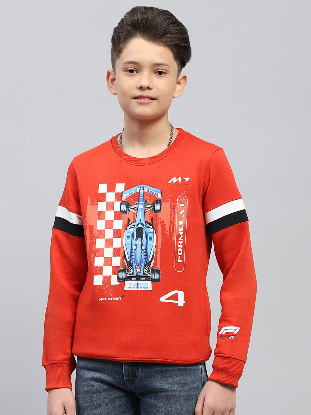 Boys Orange Printed Round Neck Full Sleeve Sweatshirt