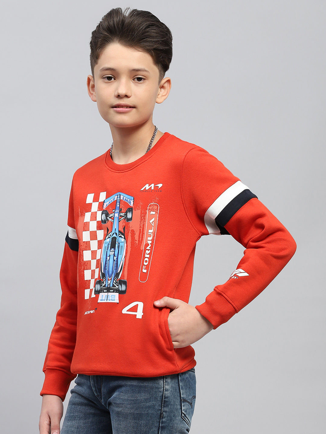 Boys Orange Printed Round Neck Full Sleeve Sweatshirt