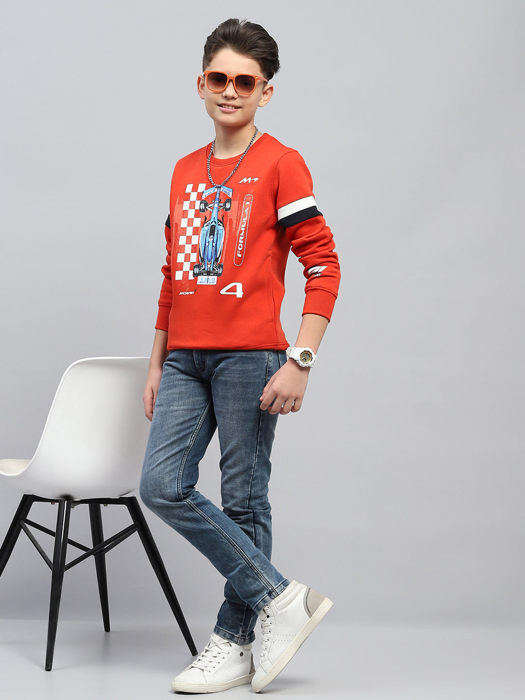 Boys Orange Printed Round Neck Full Sleeve Sweatshirt