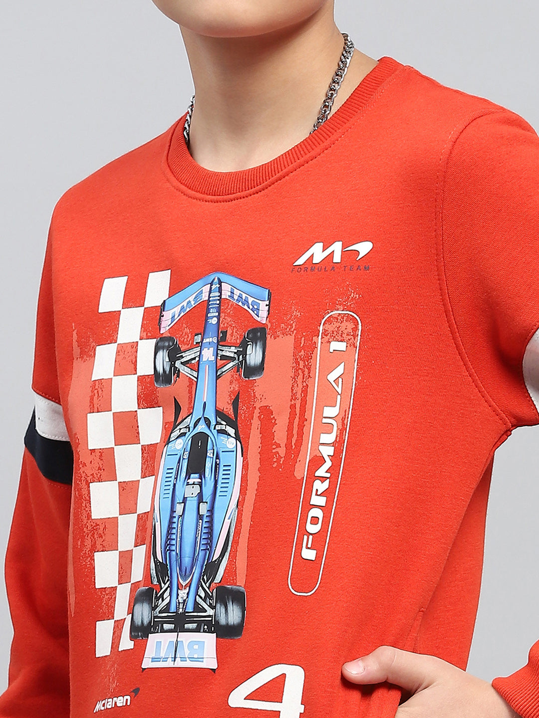 Boys Orange Printed Round Neck Full Sleeve Sweatshirt