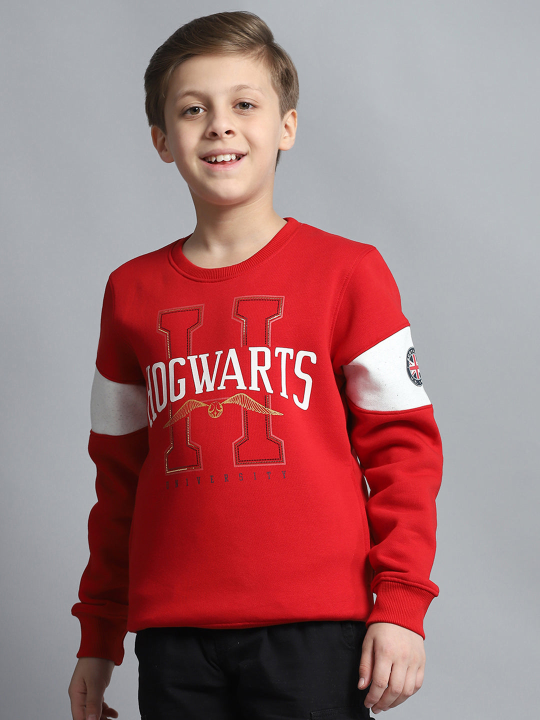 Boys Red Printed Round Neck Full Sleeve Sweatshirt