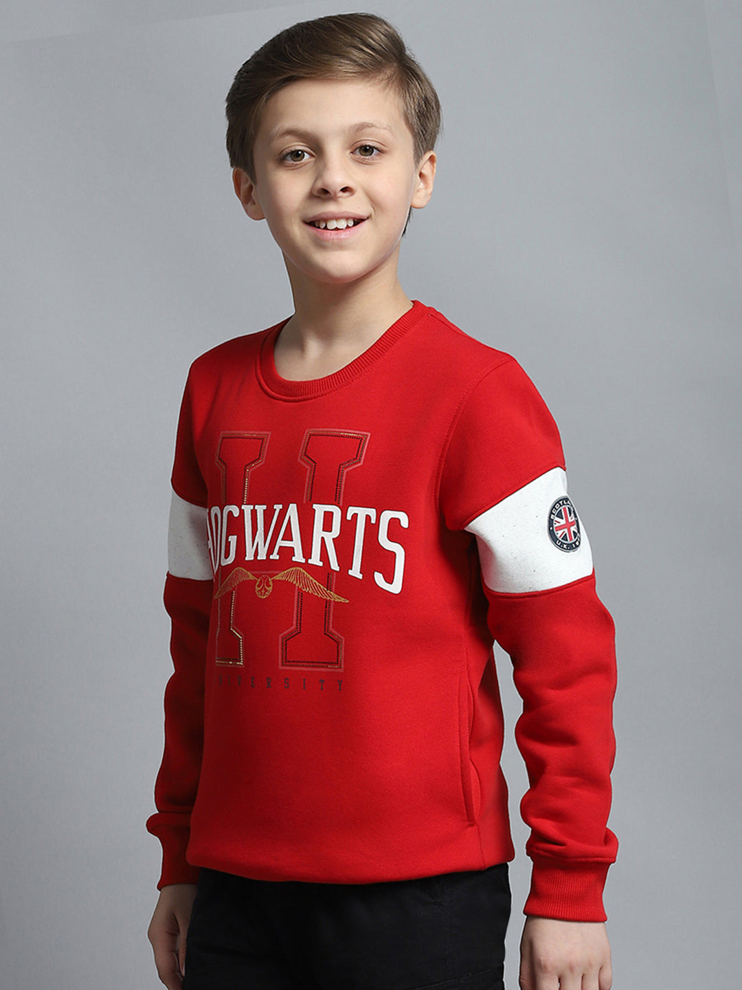 Boys Red Printed Round Neck Full Sleeve Sweatshirt