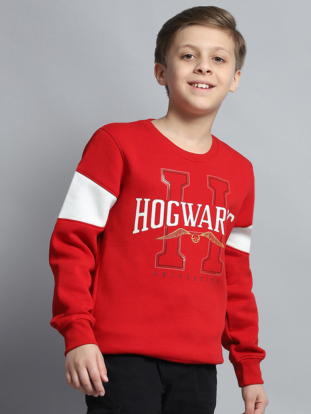 Boys Red Printed Round Neck Full Sleeve Sweatshirt