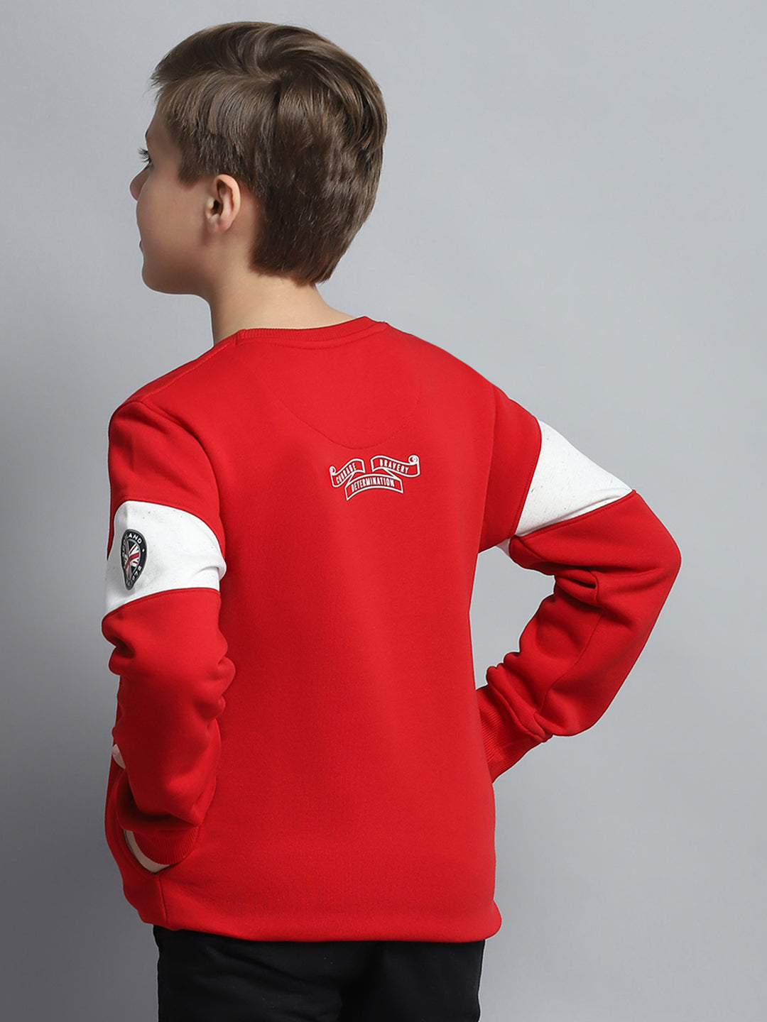 Boys Red Printed Round Neck Full Sleeve Sweatshirt