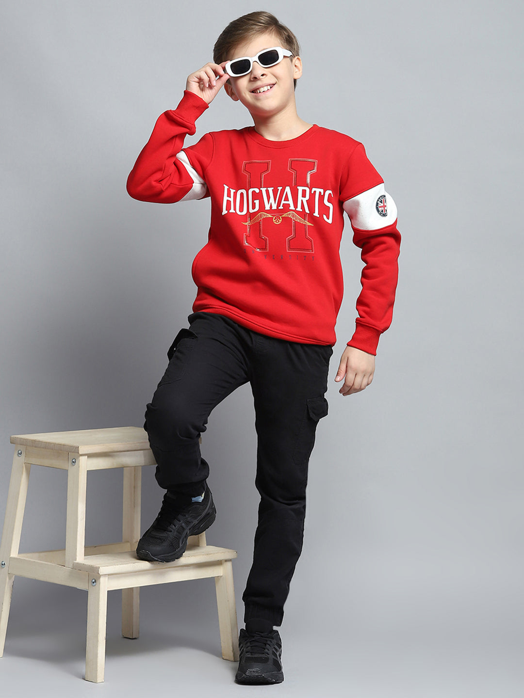 Boys Red Printed Round Neck Full Sleeve Sweatshirt