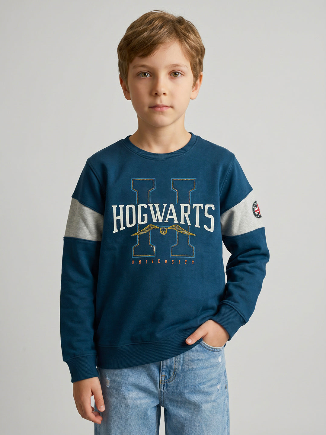 Boys Teal Blue Printed Round Neck Full Sleeve Sweatshirt