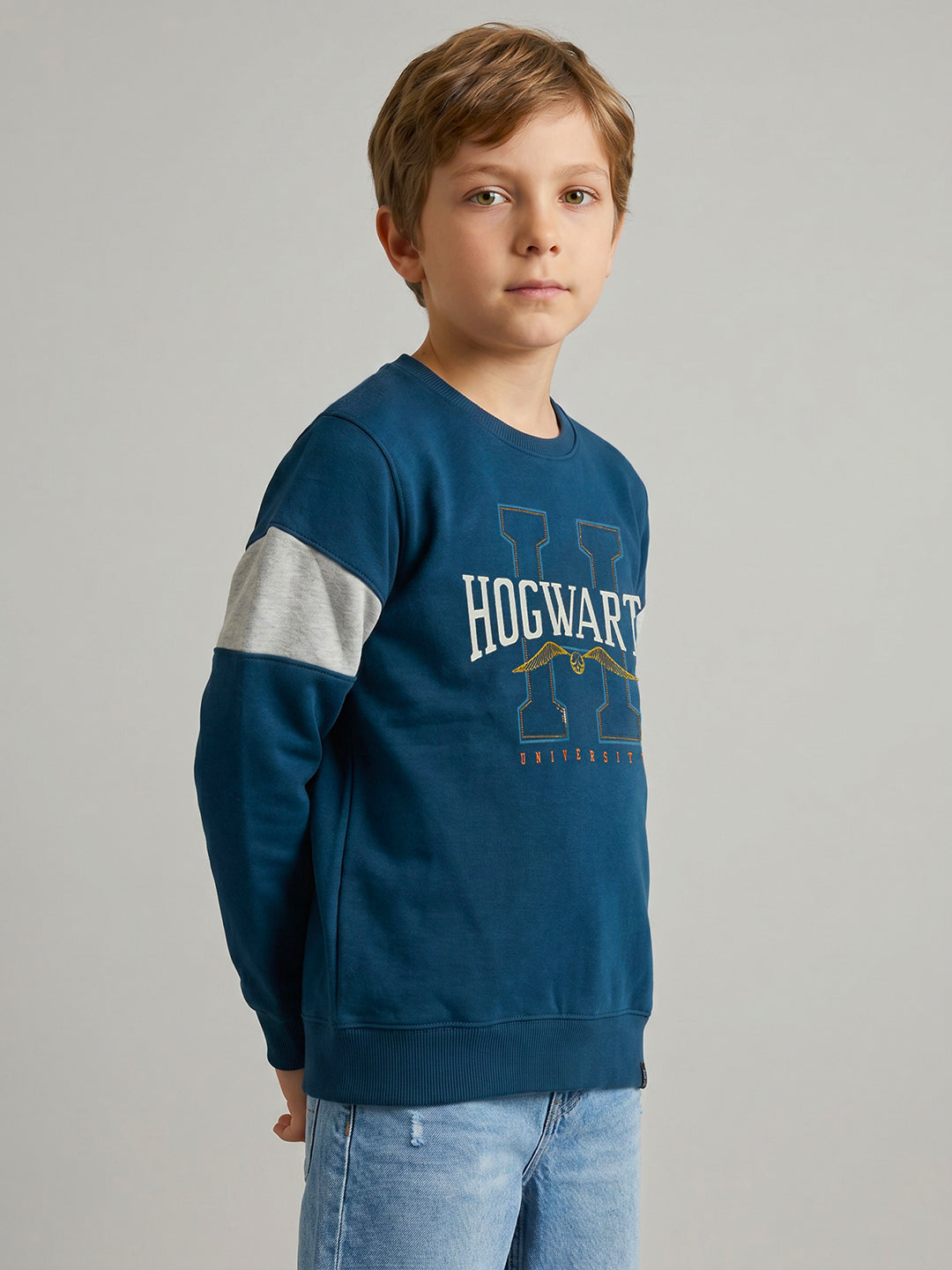 Boys Teal Blue Printed Round Neck Full Sleeve Sweatshirt