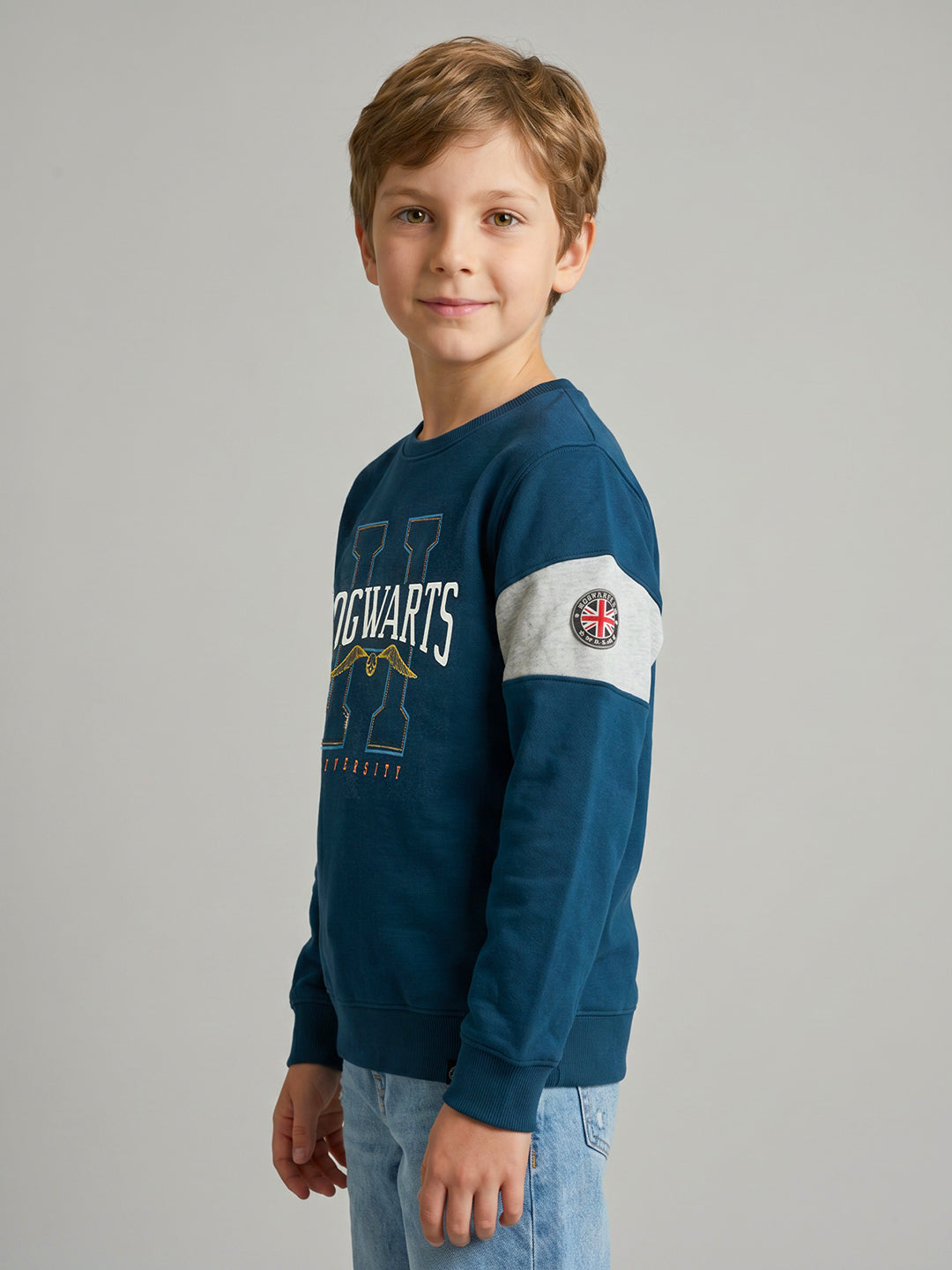 Boys Teal Blue Printed Round Neck Full Sleeve Sweatshirt