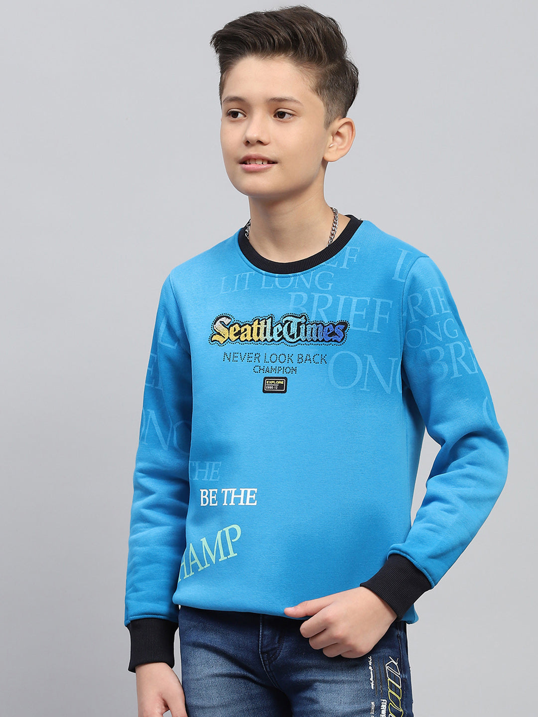 Boys Blue Printed Round Neck Full Sleeve Sweatshirt