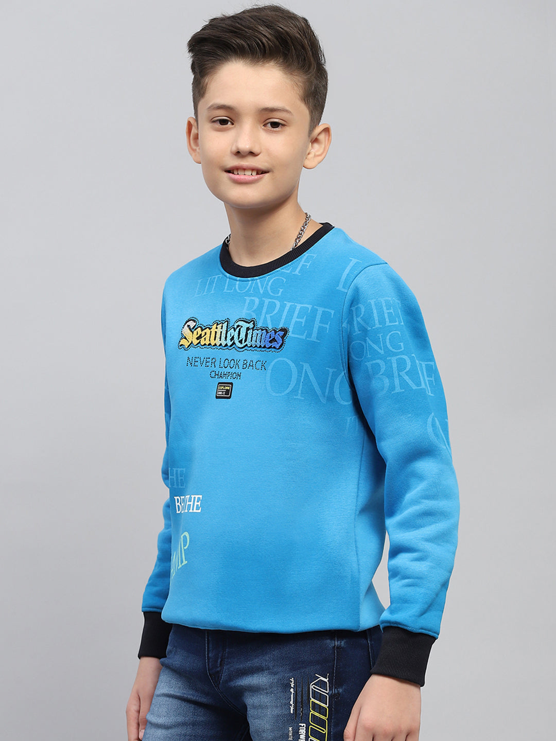 Boys Blue Printed Round Neck Full Sleeve Sweatshirt