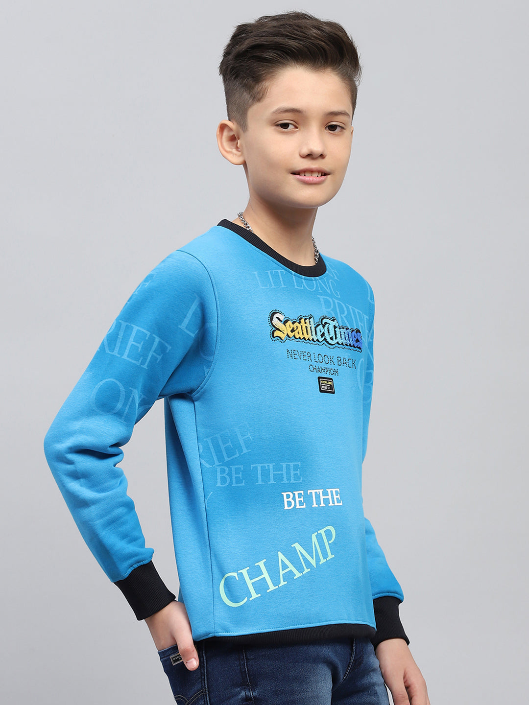 Boys Blue Printed Round Neck Full Sleeve Sweatshirt