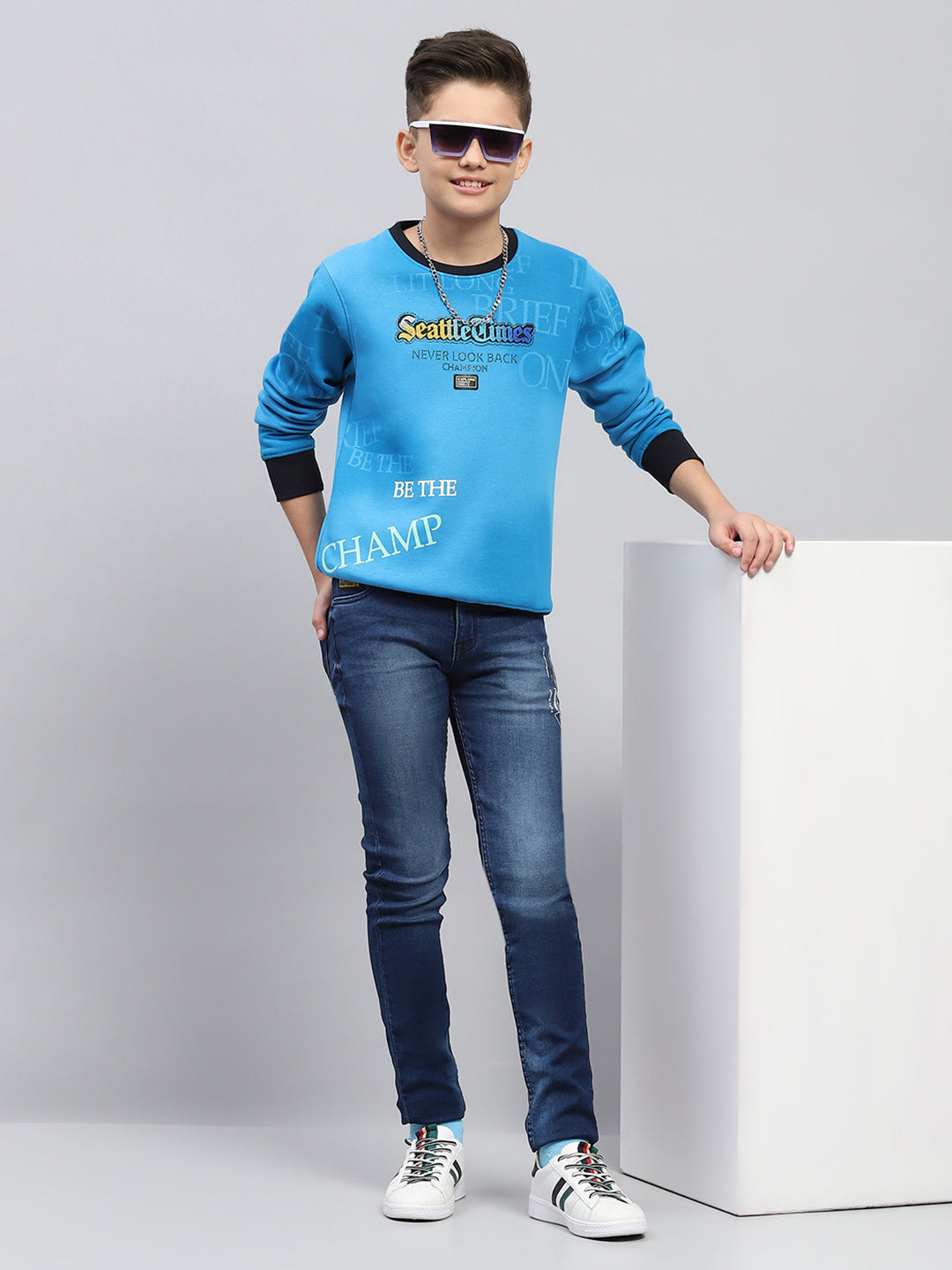 Boys Blue Printed Round Neck Full Sleeve Sweatshirt