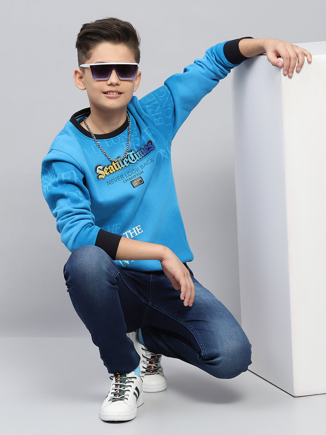 Boys Blue Printed Round Neck Full Sleeve Sweatshirt