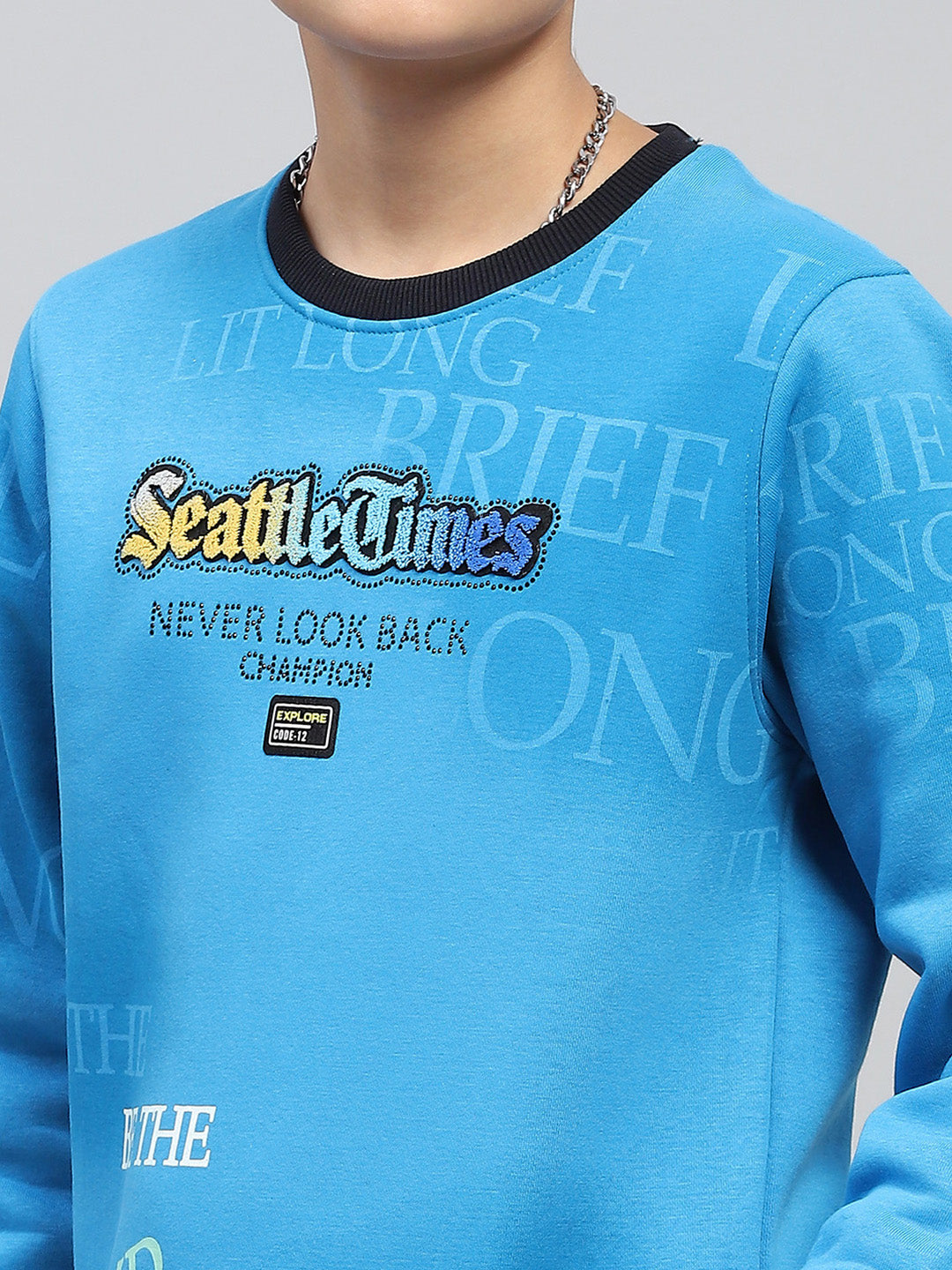 Boys Blue Printed Round Neck Full Sleeve Sweatshirt