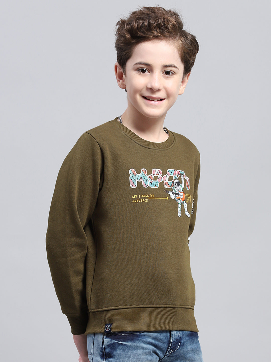 Boys Olive Printed Round Neck Full Sleeve Sweatshirt