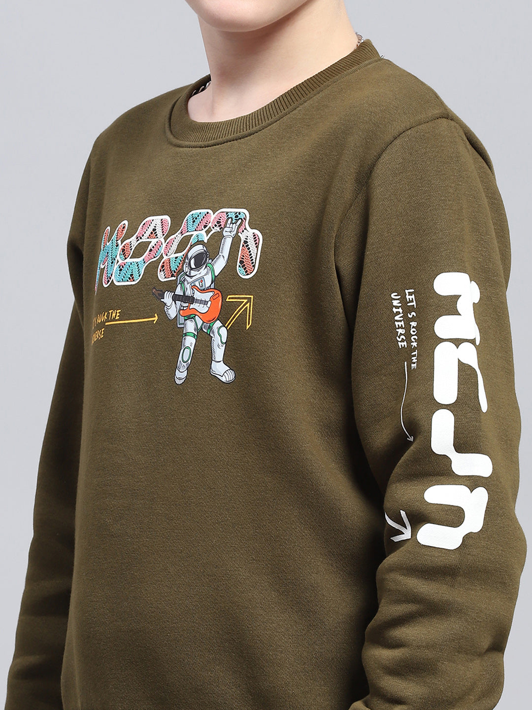 Boys Olive Printed Round Neck Full Sleeve Sweatshirt