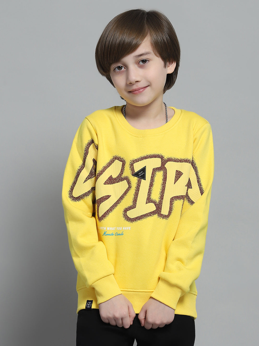 Boys Yellow Printed Round Neck Full Sleeve Sweatshirt