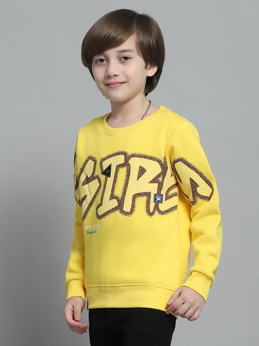 Boys Yellow Printed Round Neck Full Sleeve Sweatshirt