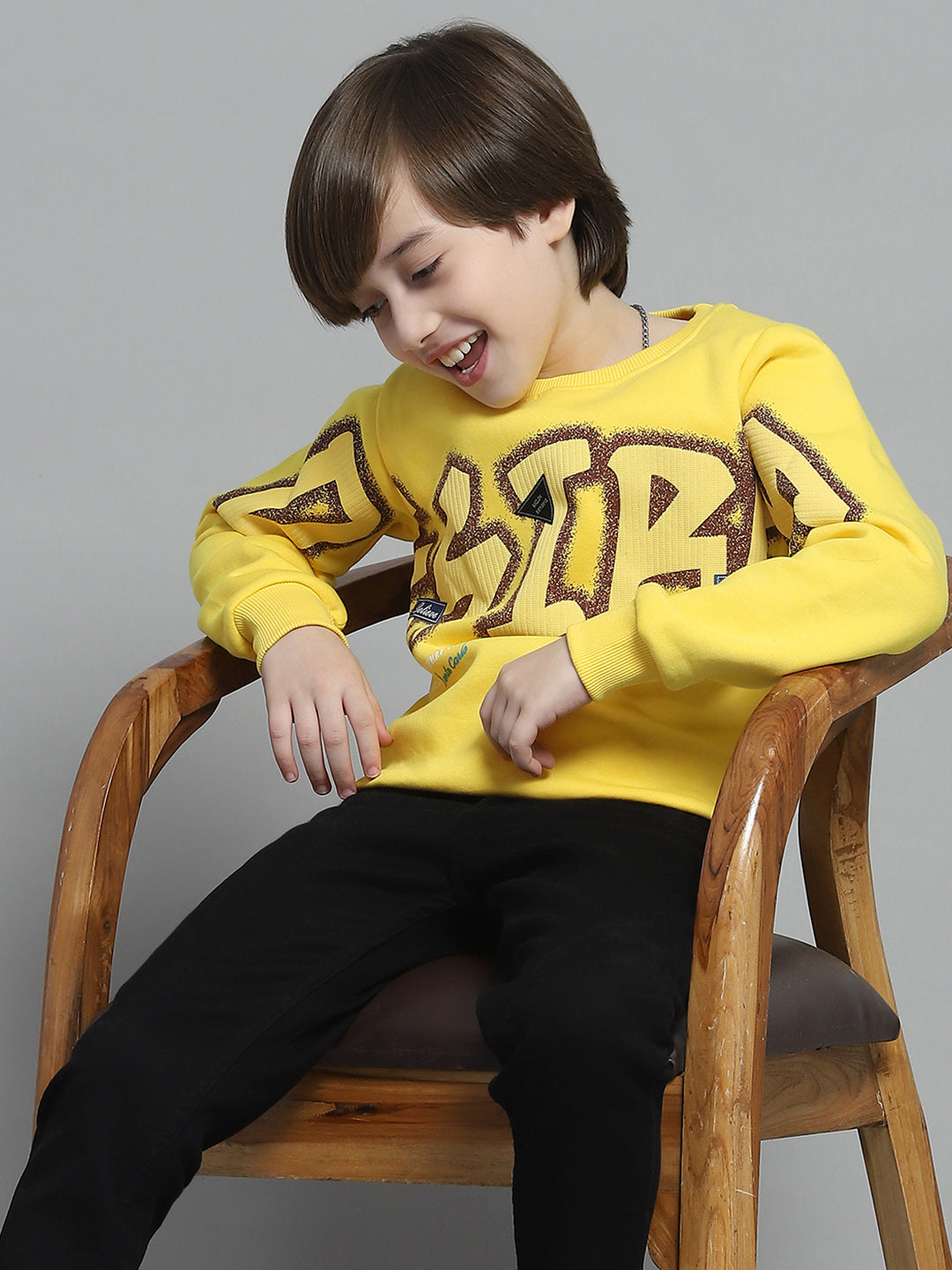 Boys Yellow Printed Round Neck Full Sleeve Sweatshirt