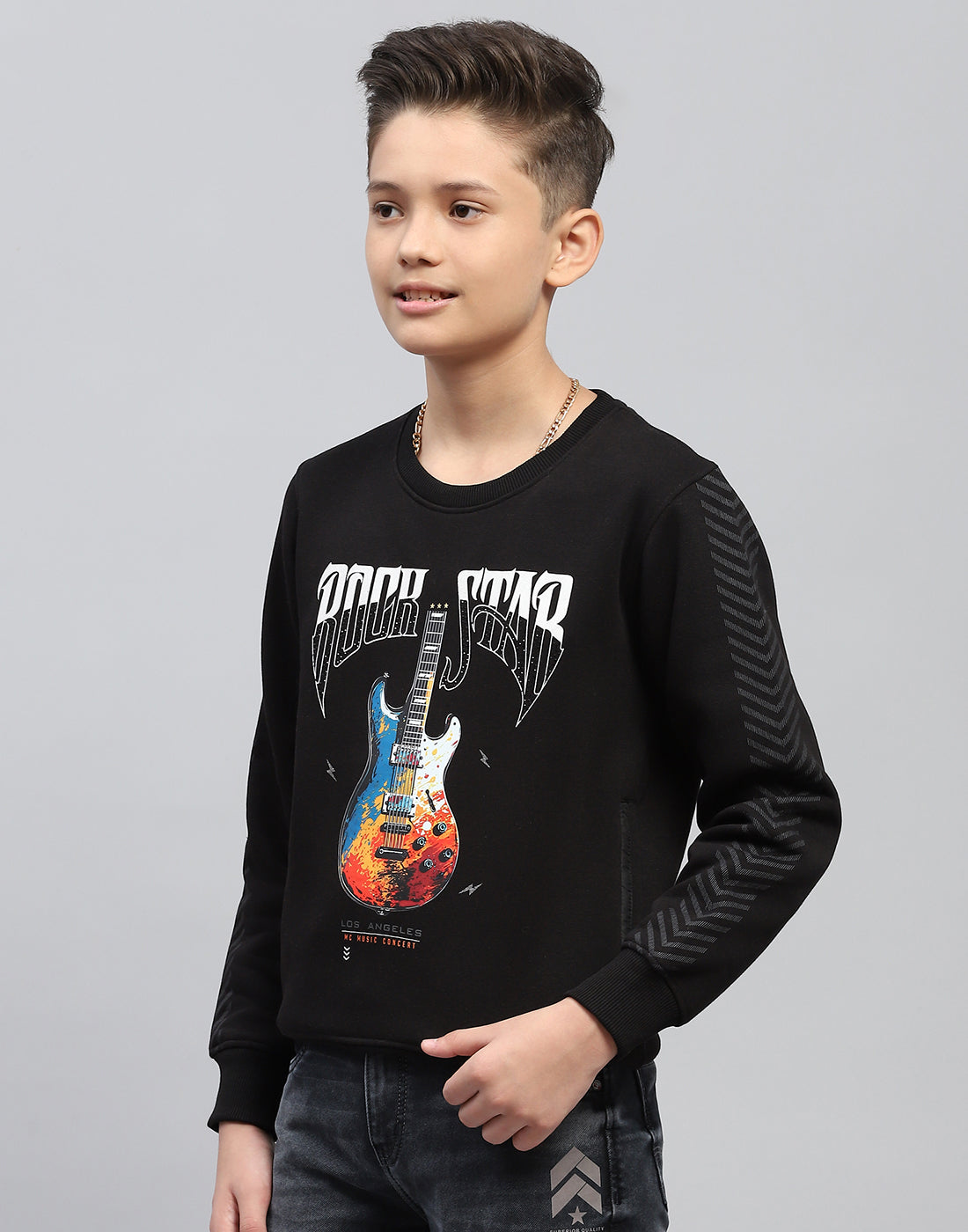 Boys Black Printed Round Neck Full Sleeve Sweatshirt