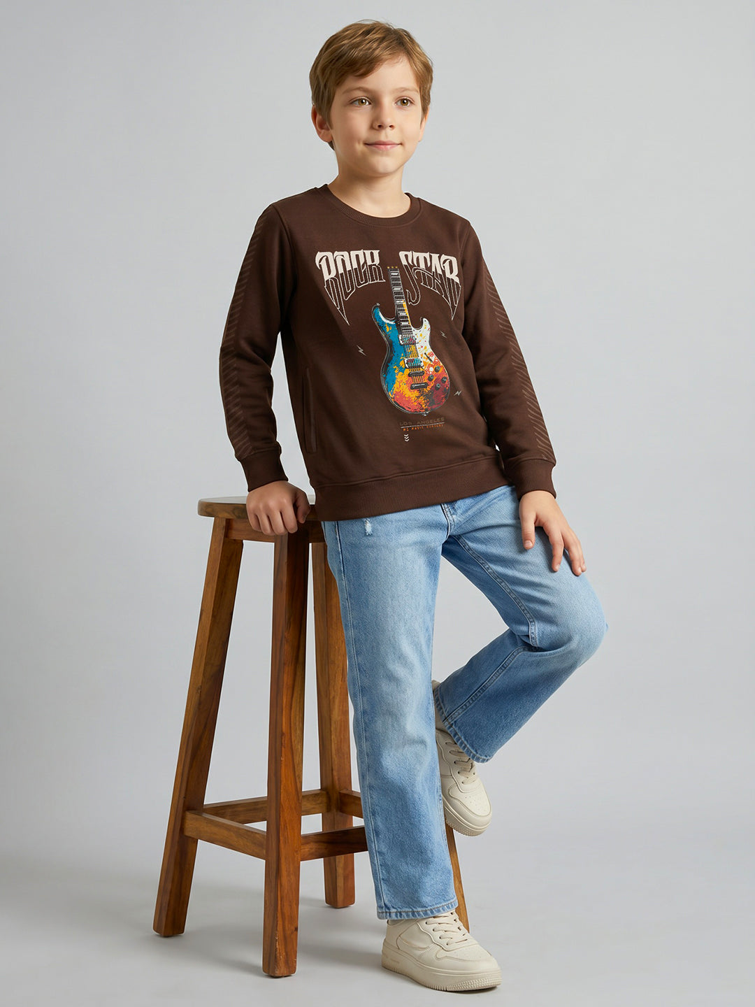 Boys Brown Printed Round Neck Full Sleeve Sweatshirt