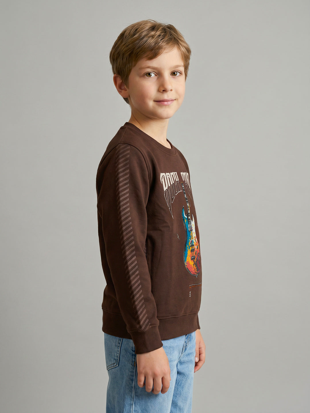 Boys Brown Printed Round Neck Full Sleeve Sweatshirt