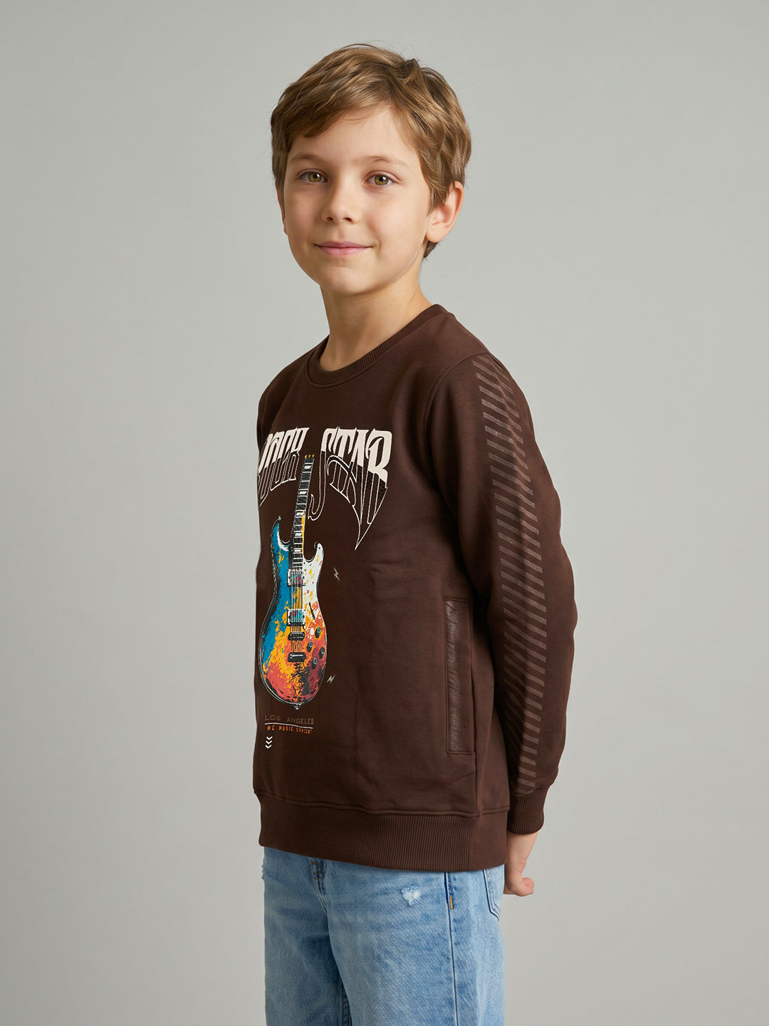 Boys Brown Printed Round Neck Full Sleeve Sweatshirt